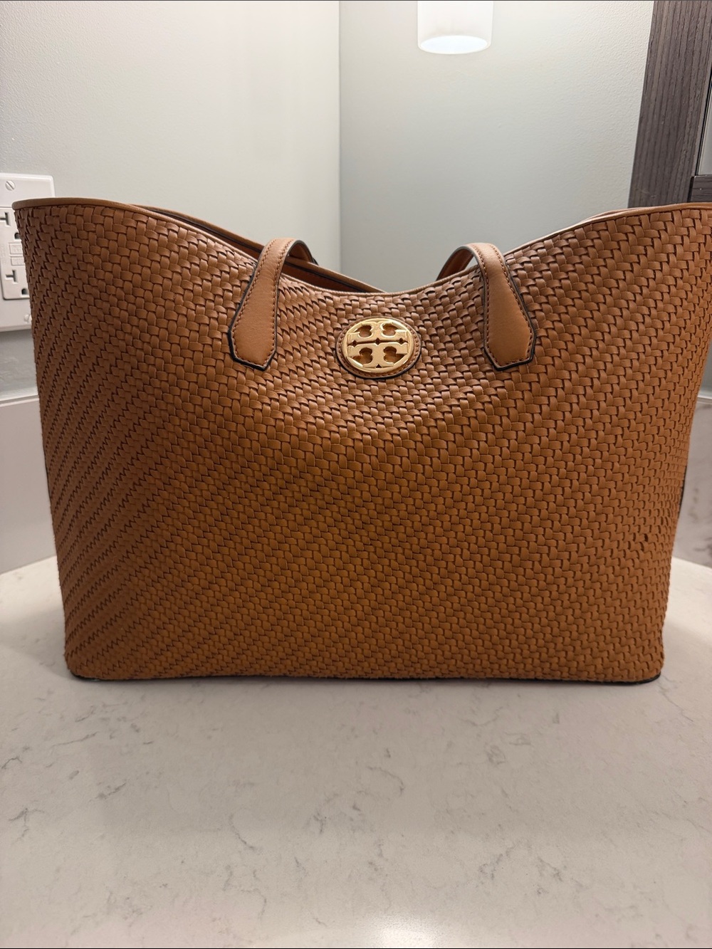 Tory Burch Woven Leather Tote in Cognac
